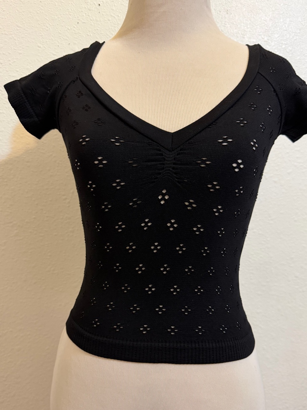 Free People Black Ribbed Eyelet V-Neck Cropped Top Romantic Minimalist Y2K